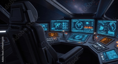Spaceship cockpit with multiple glowing digital displays showing planetary maps and data. Futuristic control panel design features advanced technology for navigation and communication systems,