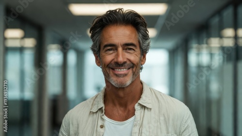 Professional middle-aged businessman smiling confidently in modern office hallway with natural lighting