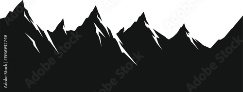 Black mountain range silhouette with jagged peaks, outdoor nature landscape vector, wilderness rocky hills icon isolated on white background, hiking.
