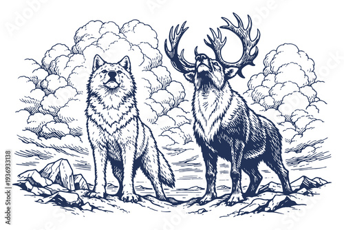 Majestic Wolf and Reindeer Standing Together in the Wilderness Vector Illustration, Hand Drawn Vintage Woodcut Style Featuring Wildlife in an Engraved Design.