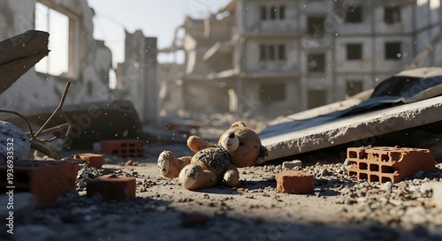 Teddy bear lies amidst rubble of destroyed buildings