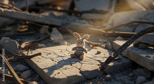 Lonely teddy rabbit sits amidst desolate rubble and debris