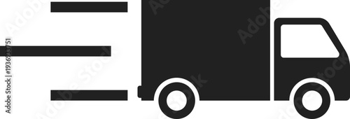 A simple black icon representing a delivery truck in motion with speed lines indicating fast service