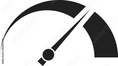 A simple black and white graphic representing a speedometer with a needle pointing towards a high value, indicating speed or performance