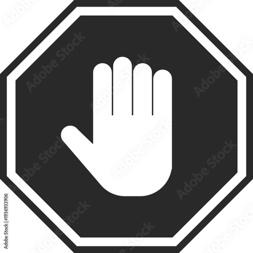 A graphic representation of a white open hand within a black octagonal stop sign, symbolizing prohibition or a halt