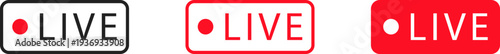 Three distinct live streaming icons featuring the word LIVE and a red dot indicator, presented in black, white, and red color schemes
