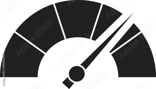 A black and white graphic representation of a speedometer gauge with a needle pointing towards high speed, symbolizing performance and measurement