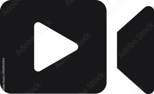 A minimalist black and white icon representing a video player with a play symbol and camera lens