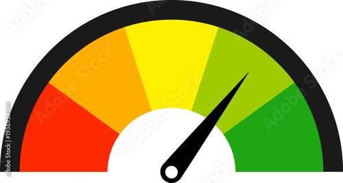 A colorful gauge meter with a needle indicating a moderate to good performance level, transitioning from red to green