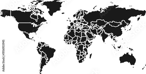 A simple black and white political map of the world showing country borders and continents