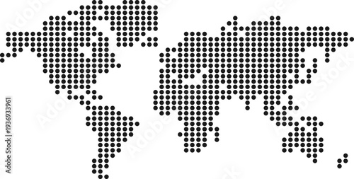 A stylized world map rendered entirely from small black dots on a white background, creating a pixelated effect
