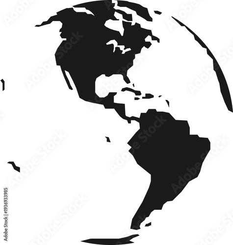 A minimalist graphic representation of planet Earth, focusing on the continents of North and South America in stark black and white