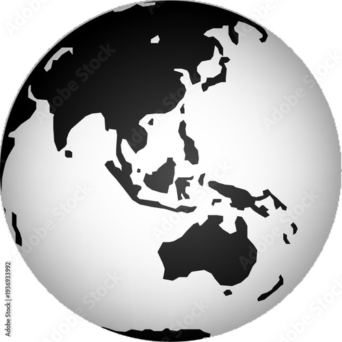 A grayscale depiction of planet Earth, focusing on the continents of Asia and Australia, rendered with a smooth, spherical appearance