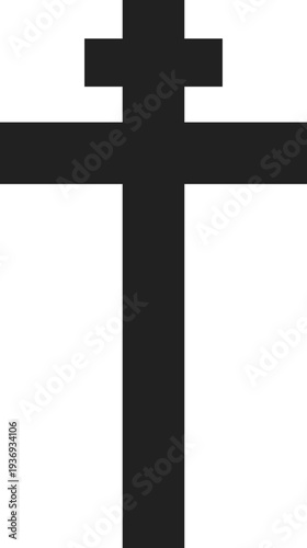 A stark black silhouette of an Orthodox Christian cross with three horizontal bars and a diagonal lower bar, set against a plain white background