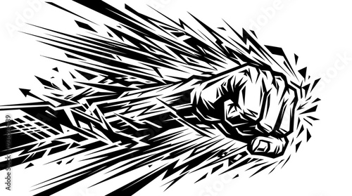 Powerful fist punching forward with explosive dynamic lines, isolated white background.