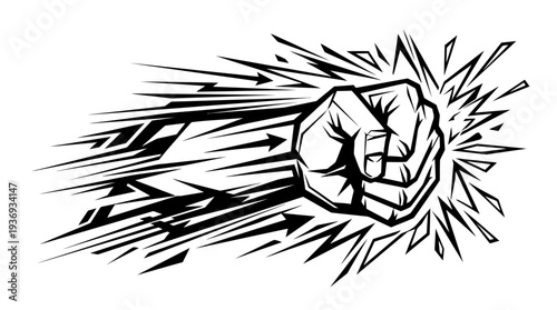 Explosive Clenched Fist with Speed Lines and Impact Effect Representing Breakthrough on Isolated White Background
