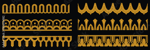Decorative Seamless Art Deco Borders, vector icon collection featuring repeating geometric patterns, vintage ornamental frames, and elegant Art Deco elements, scalable illustrations for packaging,