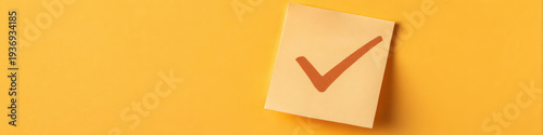 Check mark Sticky note Yellow background Minimal style Close up Paper note Approval Positive symbol Reminder Office supply Message Icon Symbol Paper Note Mark Sign Concept Communication Business