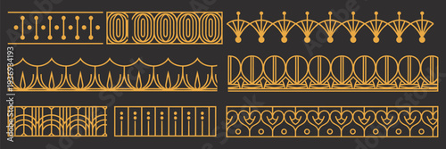 Decorative Seamless Art Deco Borders, vector illustration set featuring vintage geometric design elements, ornamental patterns, and elegant repeating frames, perfect for invitations, packaging,