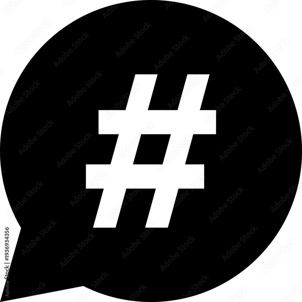 Fototapeta premium A white hashtag symbol is prominently displayed inside a black speech bubble, symbolizing social media trends and online communication