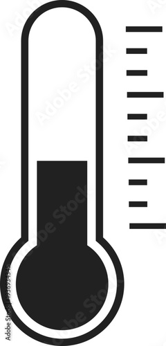 A simple black and white icon of a thermometer showing a moderate temperature reading with a scale on the side