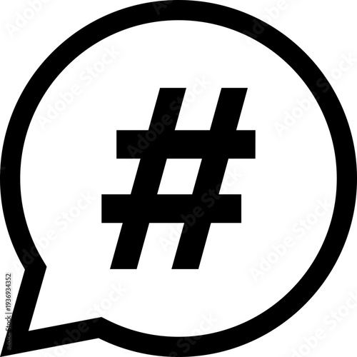 A bold black hashtag symbol is enclosed within a white speech bubble outline, representing social media trends and online communication