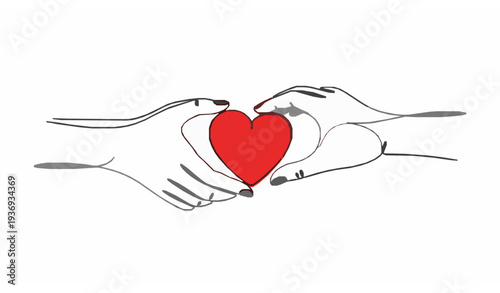 Continuous line drawing of two hands holding heart representing love unity kindness compassion and human connection