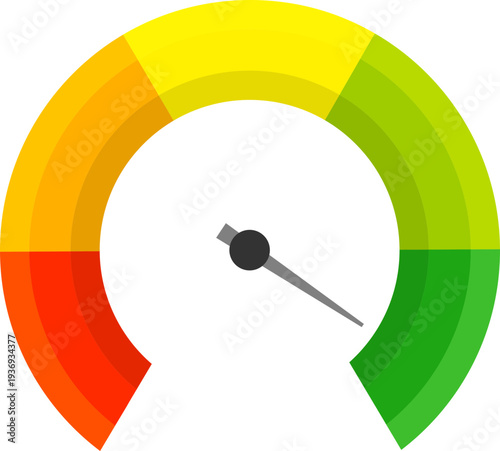 A colorful circular gauge meter with a needle indicating a moderate performance level, set against a clean white background
