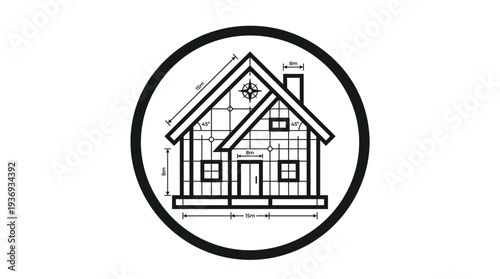 House blueprint in a circle icon on isolated white background, symbolizing residential architecture and home plan design.