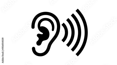 Stylized human ear with concentric sound waves icon on isolated white background, signifying listening and auditory experiences.