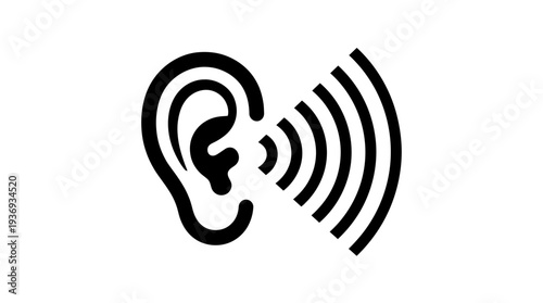 Human ear with radiating sound waves icon on isolated white background, a clear symbol for hearing and audio perception.