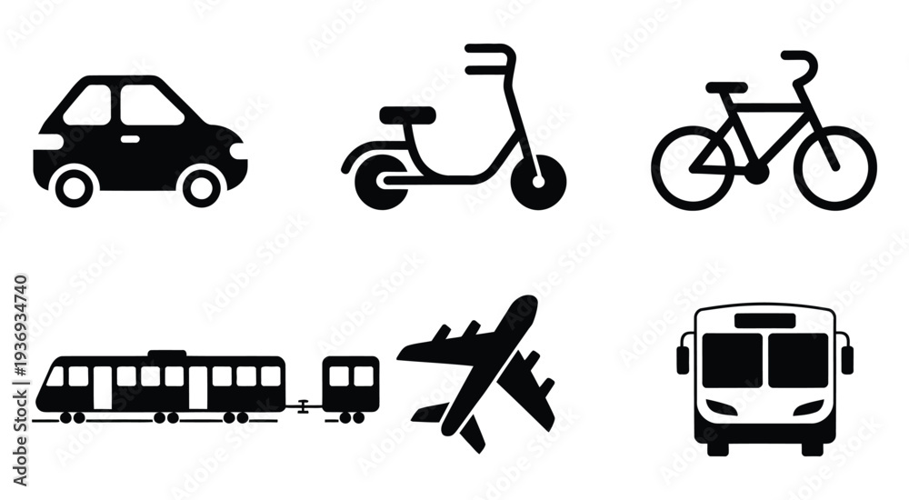 Fototapeta premium Transportation icons showcase a travel adventure, including car, scooter, bicycle, train, and airplane symbols