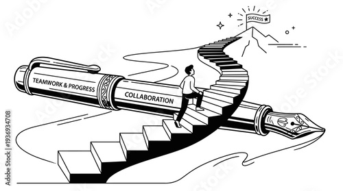 Person Climbing Stairs on a Giant Pen Towards a Success Flag, Symbolizing Teamwork, Progress, and Collaboration, isolated white background.