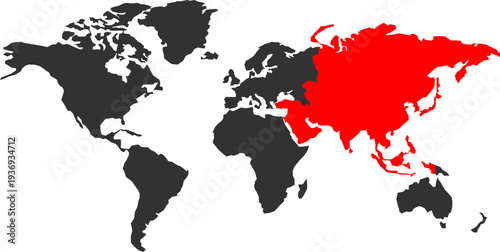 A world map graphic with the continent of Asia prominently highlighted in red against a dark gray background, emphasizing its geographical presence