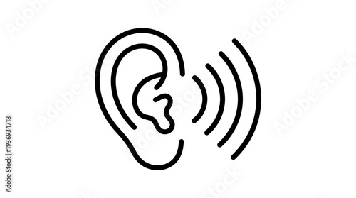 Minimalist Human Ear with Sound Waves Icon Representing Hearing and Audio Perception, isolated white background.