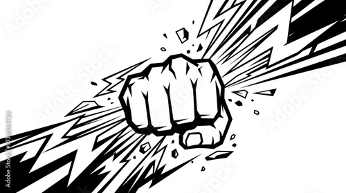 Intense Clenched Fist Punching with Explosive Shattering Effect, Symbolizing Extreme Power and Impact, isolated white background.