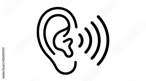 Simple Human Ear with Sound Waves Icon Representing Hearing and Listening, isolated white background.