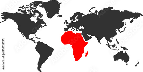 A simplified world map graphic with the continent of Africa prominently highlighted in red against a dark gray background, emphasizing its geographical location