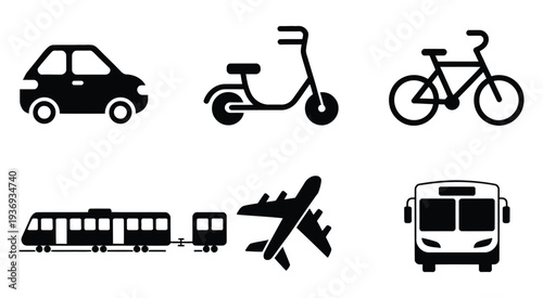 Transportation icons showcase a travel adventure, including car, scooter, bicycle, train, and airplane symbols