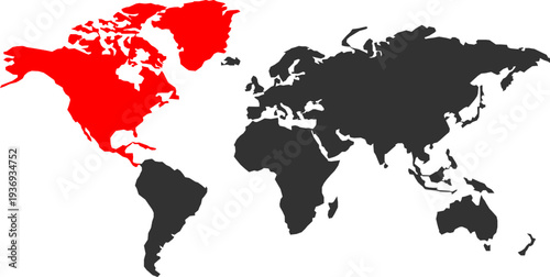 A world map graphic with North America prominently colored in red, contrasting with the rest of the globe in gray