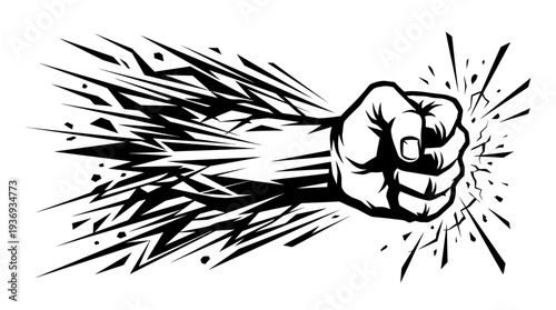 Powerful Clenched Fist Punching with Impact and Shattering Effect, Symbolizing Strength and Breaking Barriers, isolated white background.