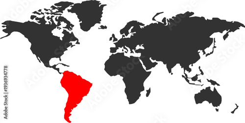 A world map graphic with South America prominently highlighted in red against a dark gray background, emphasizing its geographical location