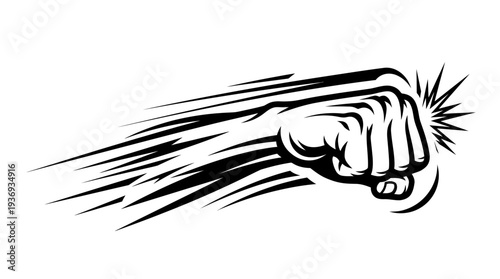 Powerful Fist Punching Forward with Dynamic Speed Lines on Isolated White Background