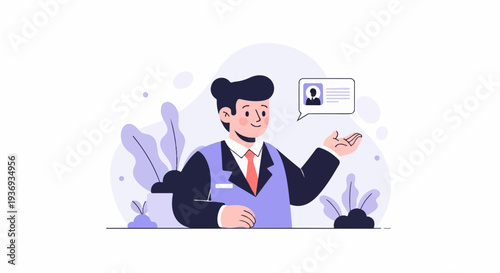Businessman presents profile, with abstract plants and soft purple accents