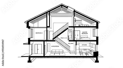 Modern Home Architectural Cross-Section Drawing with Living Room, Kitchen, and Staircase