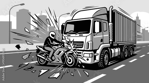 Dynamic High-Angle Black and White Motorcycle and Semi-Truck Collision in Urban City, Road Accident Scene with Debris and Cityscape