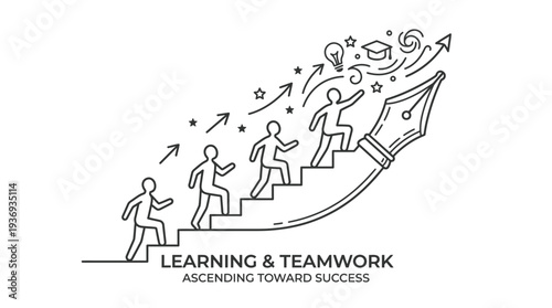 Learning and Teamwork Ascending Toward Success Line Art Illustration, People Climbing Pen Stairs to Achievement on Isolated White Background