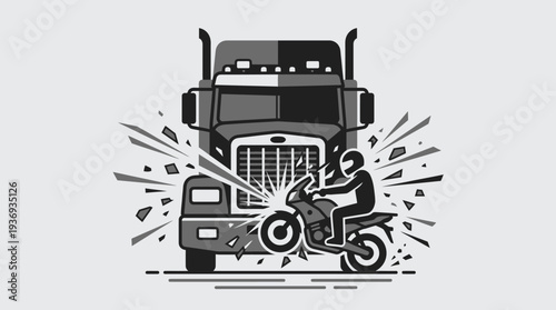 Head-On Black and White Motorcycle Collision with Semi-Truck, Dynamic Front View Impact in Bright Studio Background