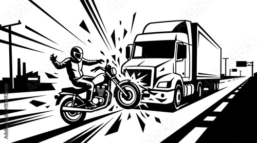 Dynamic Black and White Motorcycle and Semi-Truck Collision in Urban Setting, Road Accident with Flying Debris