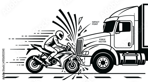 Black and White Motorcycle Colliding with Front of Semi-Truck on a Road with Force Labels, Dynamic Impact Diagram